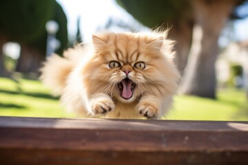 Wall Mural - Lifestyle portrait photography of a happy persian cat sprinting over picturesque park bench