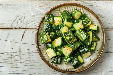 Wall Mural - Grilled zucchini pieces in plate on wooden table