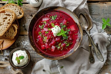 Wall Mural - Bowl of beet root soup borsch on wooden table