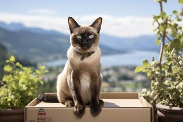 Wall Mural - Lifestyle portrait photography of a curious siamese cat box sitting on scenic mountain view