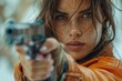 © Larisa AI - An intense woman with a serious expression points a handgun directly at the camera