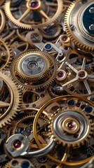 Poster - A top down view of the insides of a mechanical clock with old fashioned gear wheels and jewels. Generative AI.