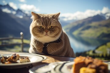 Wall Mural - Medium shot portrait photography of a curious exotic shorthair cat eating on scenic mountain view