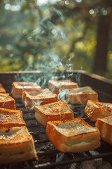 Wall Mural - fried bread on the barbecue against the background of nature. Selective focus