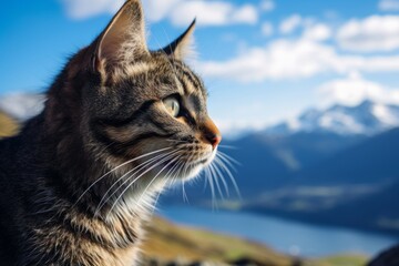 Wall Mural - Environmental portrait photography of a curious tabby cat begging for food isolated on scenic mountain view