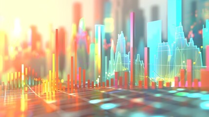 Poster - Vibrant 3D Cityscape Visualization Depicting Financial Market Trends and Economic Indicators