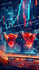 Cocktail Drinks Representing Market Indicators in a Futuristic City Nightscape