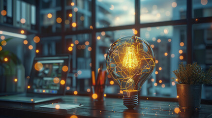 Poster - A large light bulb is in the middle of a beautiful modern digital workplace with a great view through a large window and yellow network connection lines around it. Generative AI.