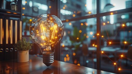 Poster - A large light bulb is in the middle of a beautiful modern digital workplace with a great view through a large window and yellow network connection lines around it. Generative AI.