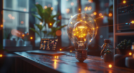 Aufkleber - A large light bulb is in the middle of a beautiful modern digital workplace with a great view through a large window and yellow network connection lines around it. Generative AI.