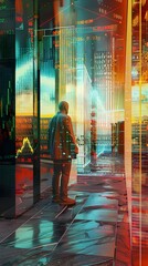 Poster - futuristic financial data visualization cityscape with illuminated abstract sculptures and paintings