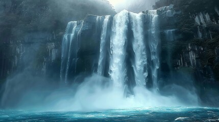 Poster - An ancient waterfall is pouring down into crystal blue waters with misty rain and fog creating a mysterious atmosphere. Generative AI.