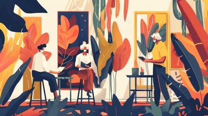 Elderly skilled workers flat design side view experience theme animation Complementary Color Scheme