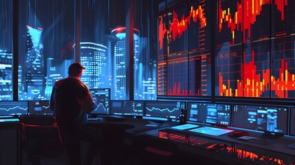 Poster - A Wall Street Analyst Examines Financial Data on a High Tech Digital Dashboard in a Futuristic City