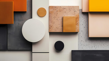 Wall Mural - minimalist geometric shapes in contrasting tones displayed on a white wall, accompanied by a brown envelope