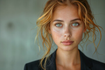 Wall Mural - Close-up of young caucasian woman with green eyes in business suit against plain background