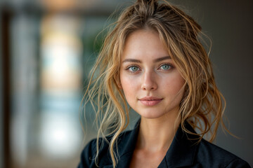 Wall Mural - Close-up portrait of a young caucasian woman in a business suit indoors, for marketing campaign