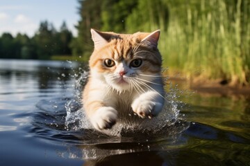 Wall Mural - Environmental portrait photography of a smiling exotic shorthair cat pouncing over tranquil lake