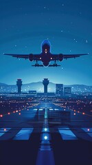 Takeoff of an airplane and an airport in background Air transport navigation, aircraft innovation, travel concept, futuristic tech, aviation technology, AI in aviation, night fligh