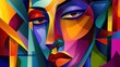Portrait of beautiful woman in modern abstract art style in colorful geometry. Elegant female or lady looking at camera in modern art style with vibrant palette technique. Feminism concept. AIG42.
