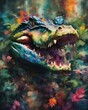 Double exposure of a crocodile and a colorful forest, creating a unique and vibrant depiction of wildlife, Generative AI.