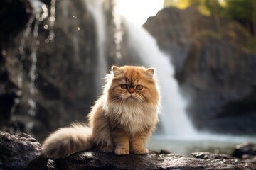 Wall Mural - Lifestyle portrait photography of a happy persian cat crouching isolated on majestic waterfall