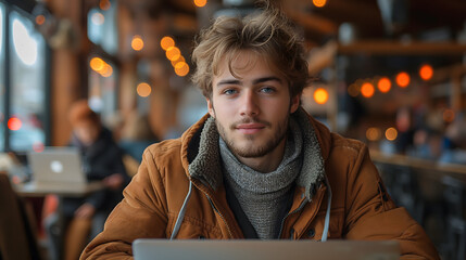 Wall Mural - Young man working on laptop, IT programmer freelancer or student with computer in cafe at table looking in camera