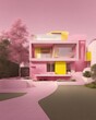 Minimalist house in shades of pink and yellow, showcasing a modern and serene design aesthetic, Generative AI.