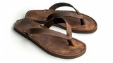 Fototapeta  - isolated pair of dark brown leather sandals against a white backdrop