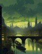 Cityscape under a greenish yellow sky, creating a moody and atmospheric visual, Generative AI.