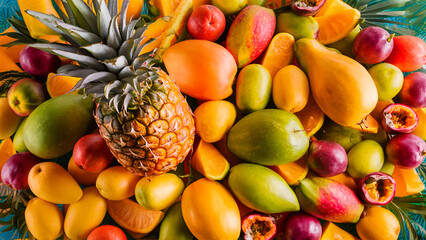 Canvas Print - Assortment of colorful ripe tropical fruits. View from above