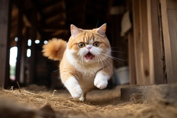 Lifestyle portrait photography of a happy exotic shorthair cat pouncing in front of rustic barn