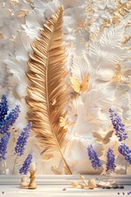 3d Wallpaper, Golden Feathers, Butterfly And Muscari Armeniacum On Creamy Color Background