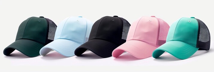 Wall Mural - Set of trucker hats in pink, green, black, and blue, separated on a white background. separate cap isolated. different styles of baseball caps. A branding mock-up