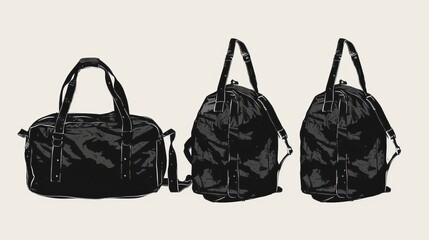 Set of Duffel bags, barrel bag flat sketch vector, sport duffle bag cad drawing, flat sketch fashion illustration drawing template mock up.