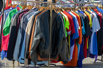 Wall Mural - Colorful second hand clothes sold outdoors on flea market