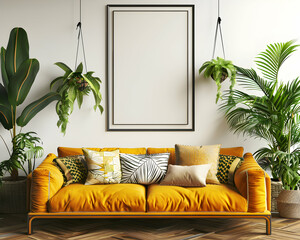 Wall Mural - Modern interior with a yellow sofa, pillows, plants and blank poster frame on the wall