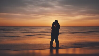 Wall Mural - silhouette of lovers hugging each other and watching the sunset on the beach
