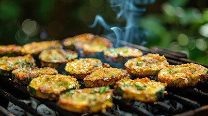 Wall Mural - grilled zucchini on the grill against the background of nature. Selective focus