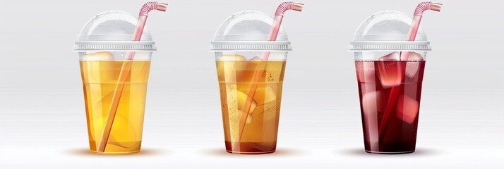 Wall Mural - Transparent plastic cup. Cup for takeout with straw and lid. Realistic vector mockups of juice, ice tea, and water bottles. An example of a plastic transparent tea and juice container with a dome