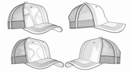 Technical drawing illustration of a trucker hat snapback. Blank streetwear mock-up template for design and tech packs. CAD strap mesh