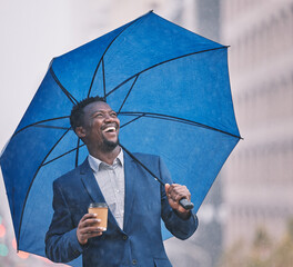 Poster - Business, umbrella and black man with coffee, smile and happiness with rain, cold and weather in city. African person, employee and entrepreneur with morning tea, outdoor and wind with professional