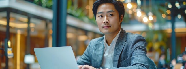 Asian male, young professional, typing on laptop in a modern business office, epic editorial