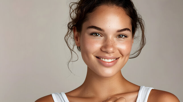 Beautiful young woman mixed race with curly hair on bright background without makeup smiling and looking in the camera