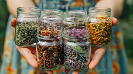 Canvas Print - close-up of a woman holding supplements with herbs in her hands