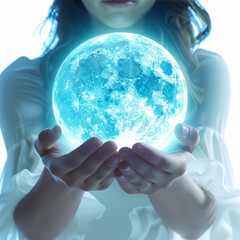 Poster - Girl holding a 3D Blue Moon icon, on the white background,