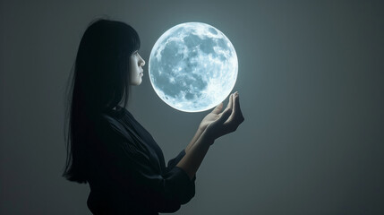 Poster - Girl holding a 3D Moon Phases