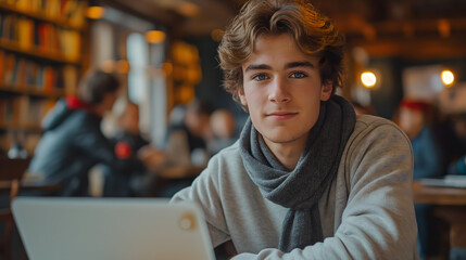 Wall Mural - Young man working on laptop, IT programmer freelancer or student with computer in cafe at table looking in camera