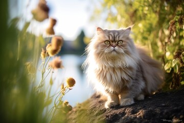 Medium shot portrait photography of a funny persian cat exploring on peaceful riverside