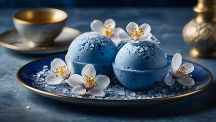 Wall Mural - Mochi blue ice cream with flowers in cafe